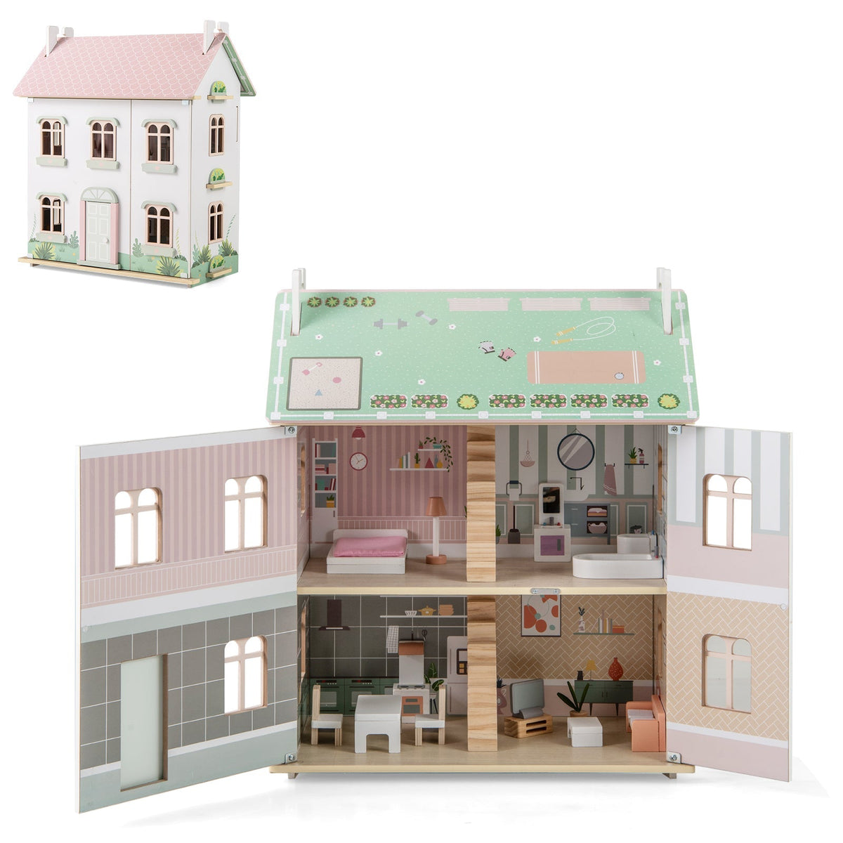 Kids Wooden Dollhouse 3 Level with Double-Sided Roofs and Doors-Pink