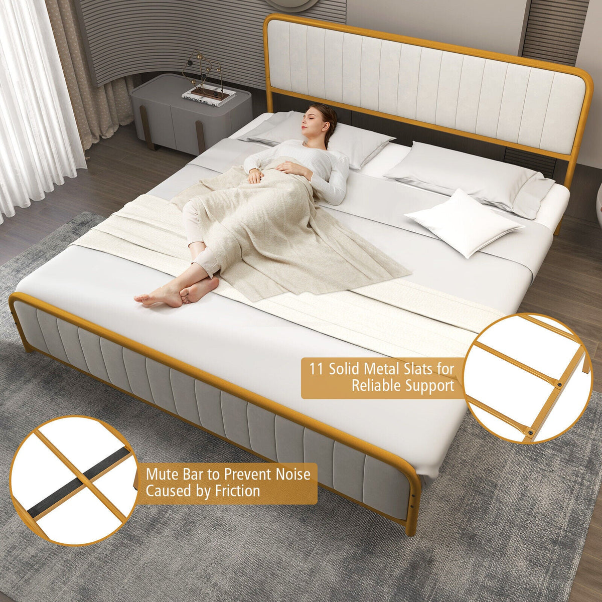 Upholstered Gold Platform Bed Frame with Velvet Headboard