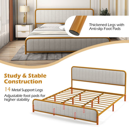 Upholstered Gold Platform Bed Frame with Velvet Headboard