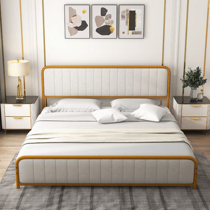 Upholstered Gold Platform Bed Frame with Velvet Headboard
