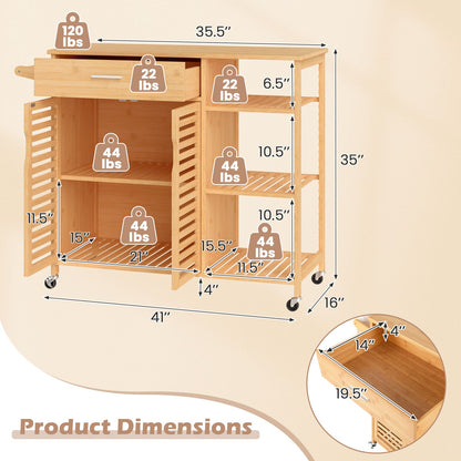 Kitchen Island Cart on Wheels with Sturdy Bamboo Frame-Natural