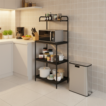 Kitchen Organization with 4-Tier Kitchen Microwave Storage Rack and Trash Can