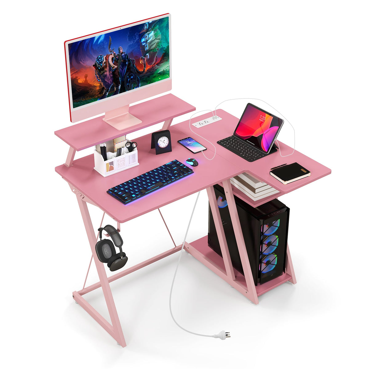 L Shaped Gaming Desk with Outlets and USB Ports