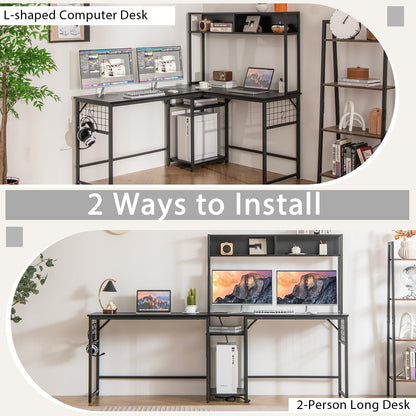 L-shaped Desk with Power Outlet Hutch
