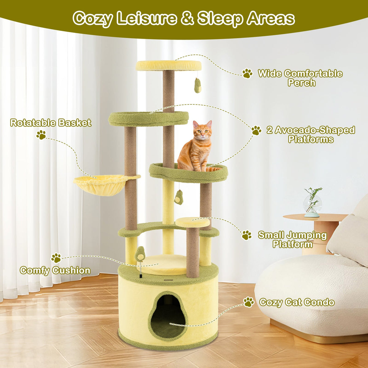 Large Avocado Cat Tree Multi-level Cat Tower with Private Condo-Green