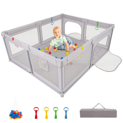 Large Baby Playpen with Pull Rings and Ocean Balls-Gray