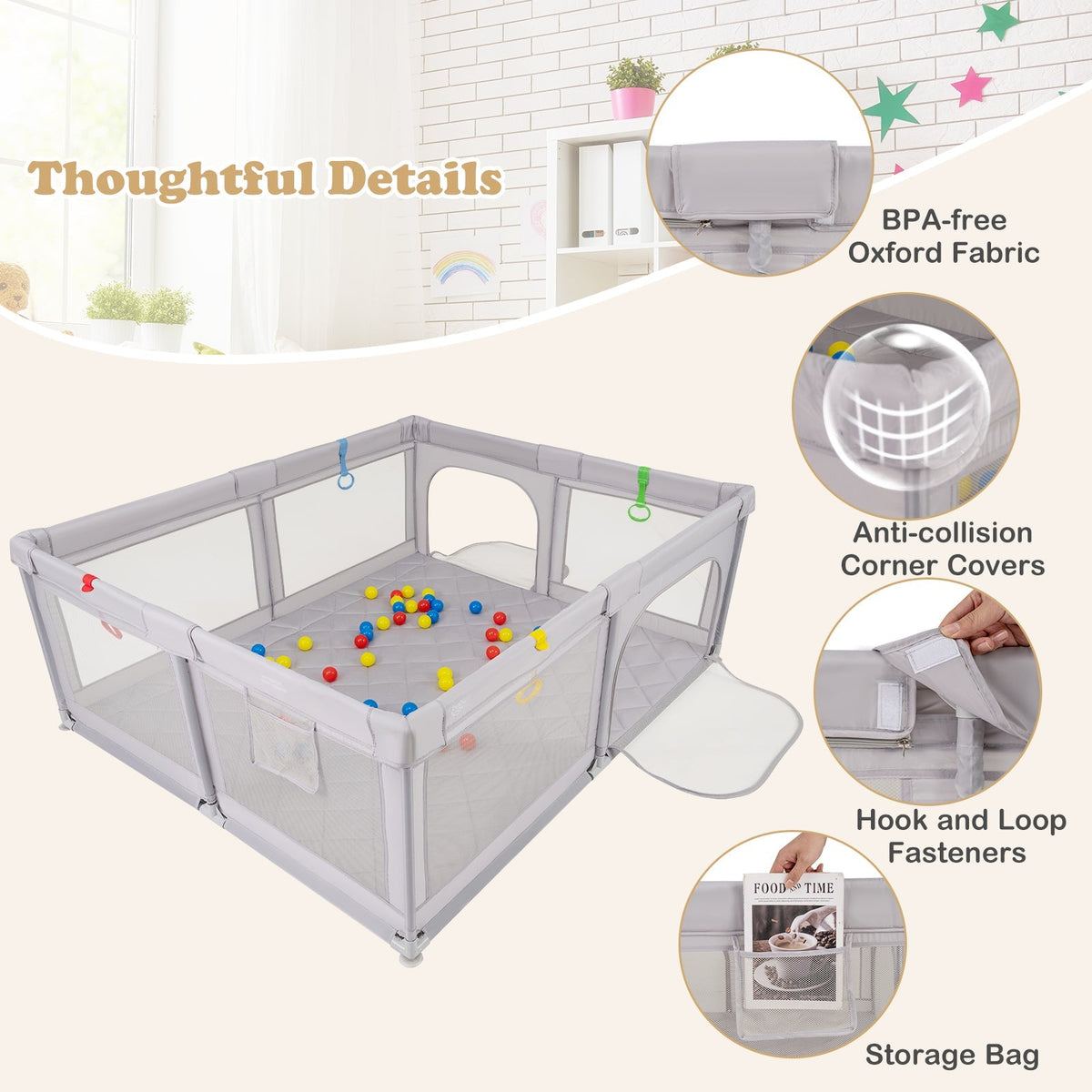 Large Baby Playpen with Pull Rings and Ocean Balls-Gray