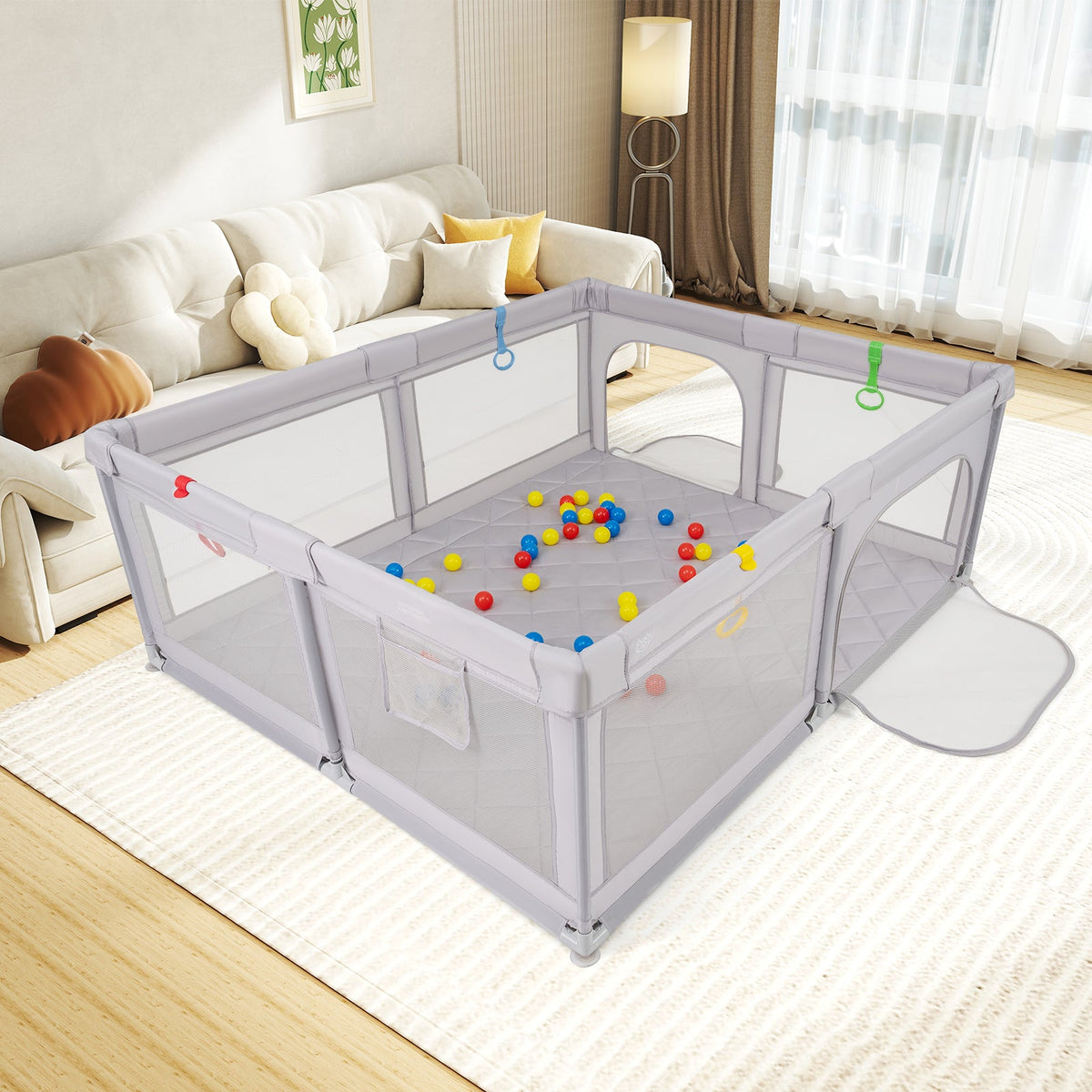 Large Baby Playpen with Pull Rings and Ocean Balls-Gray