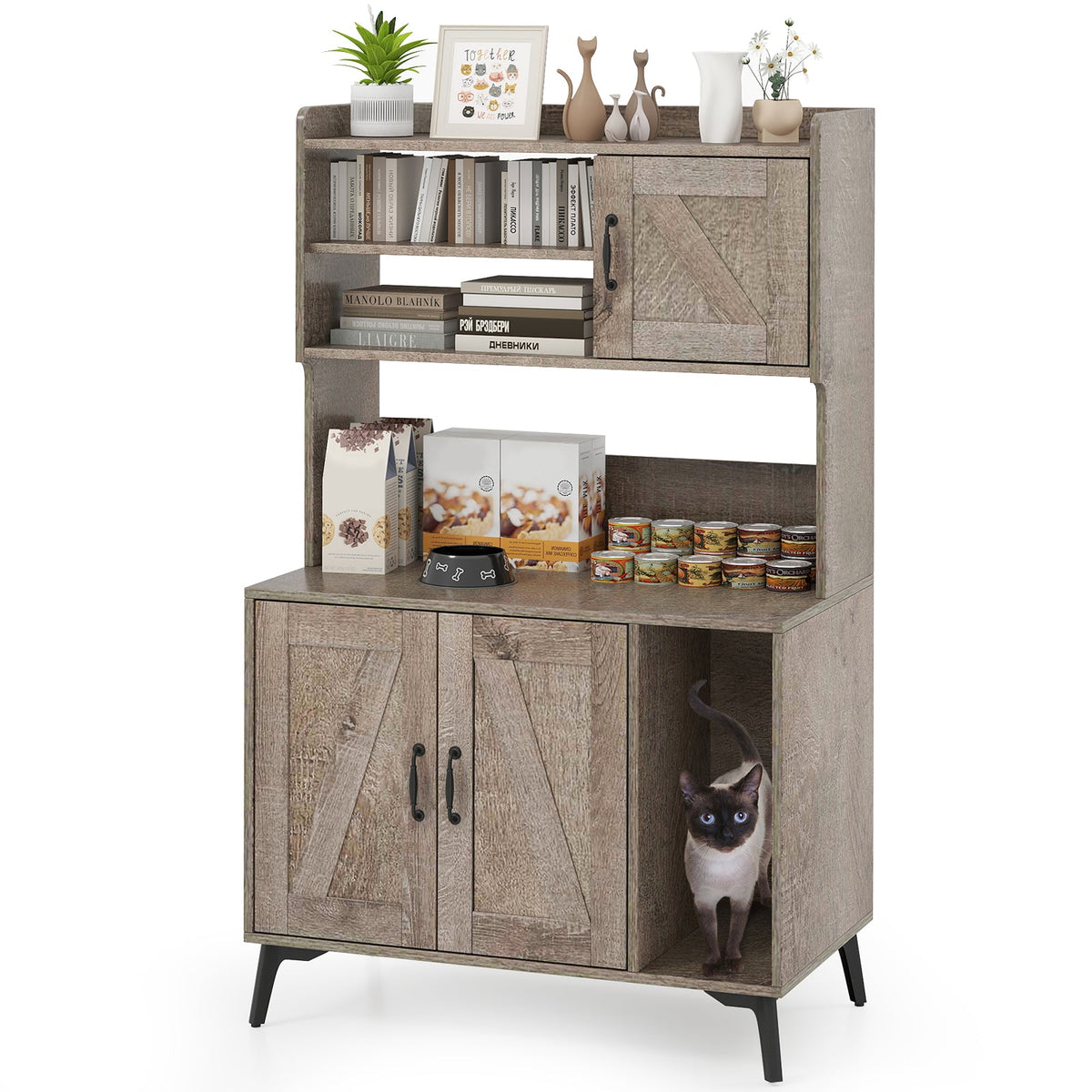 Large Cat Litter Box Enclosure with Display Storage Shelves-Oak