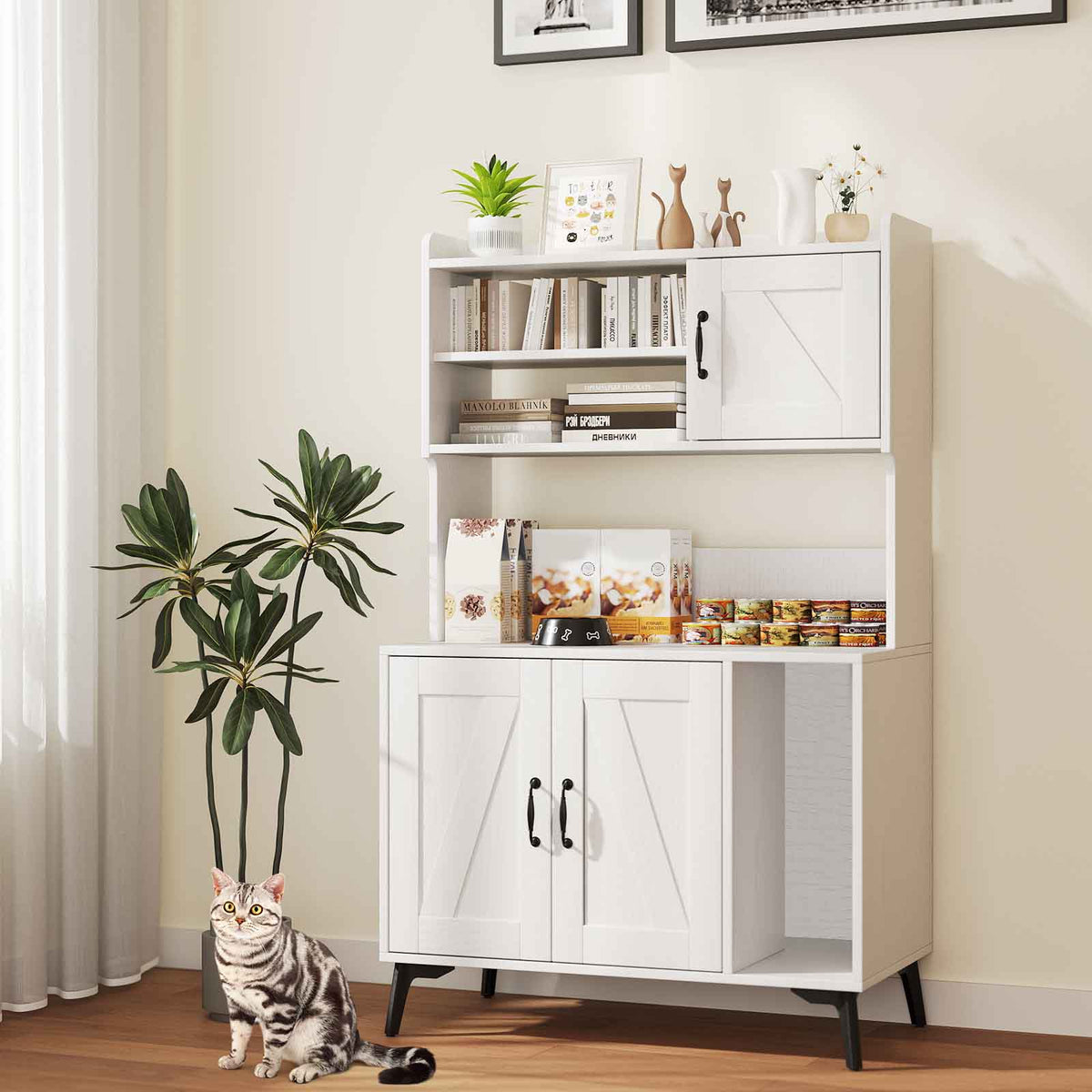 Large Cat Litter Box Enclosure with Display Storage Shelves-White