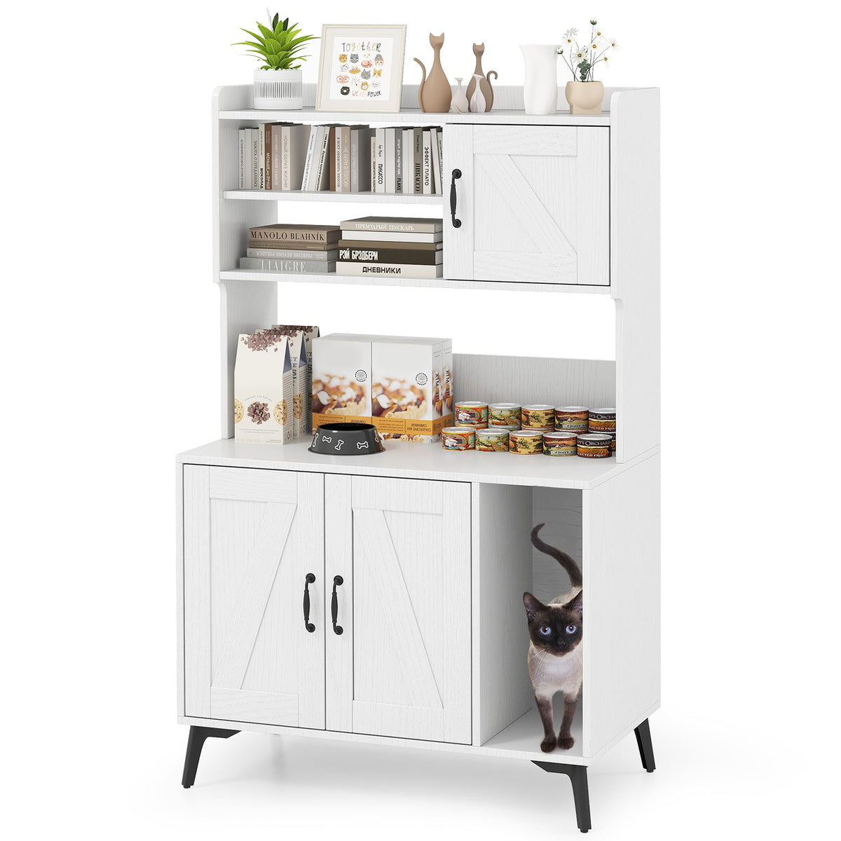 Large Cat Litter Box Enclosure with Display Storage Shelves-White