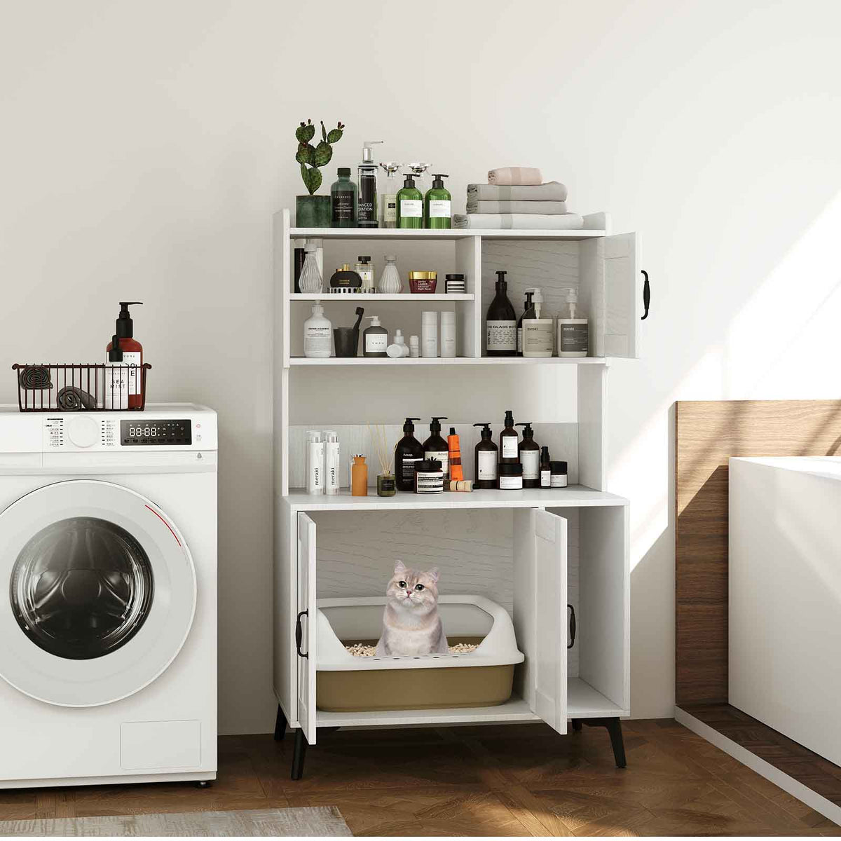 Large Cat Litter Box Enclosure with Display Storage Shelves-White