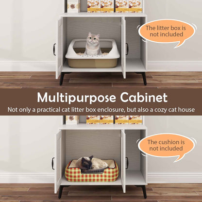 Large Cat Litter Box Enclosure with Display Storage Shelves-White
