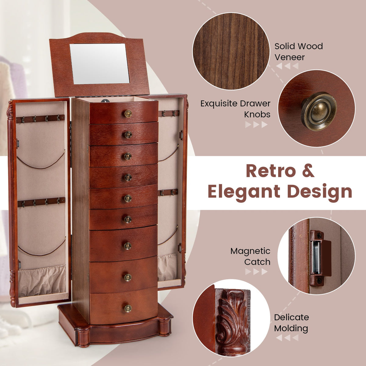 Large Wooden Jewelry Storage Box Organizer