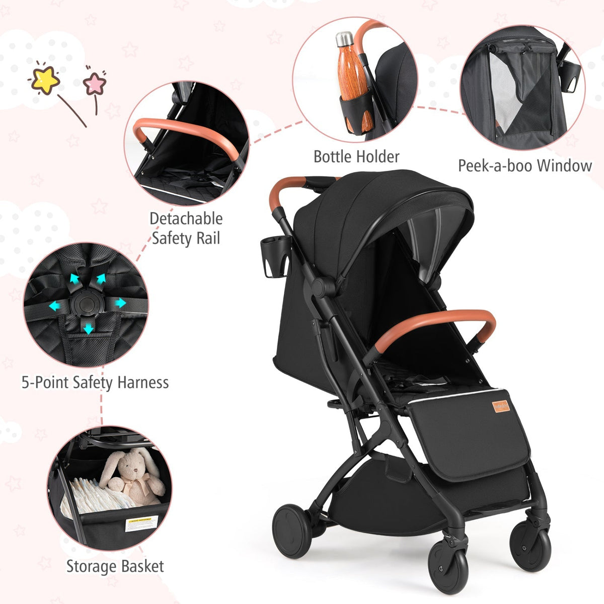 Lightweight Baby Stroller Compact Travel Stroller with One-Hand Folding