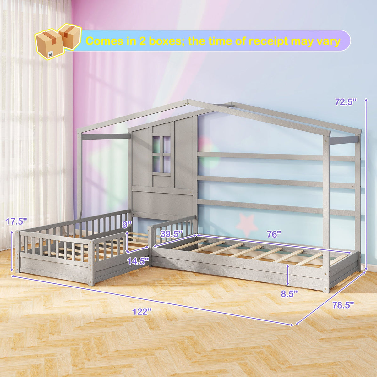 L-shaped Double Twin Beds House Platform Beds with Fences Corner Bed Frame-Gray