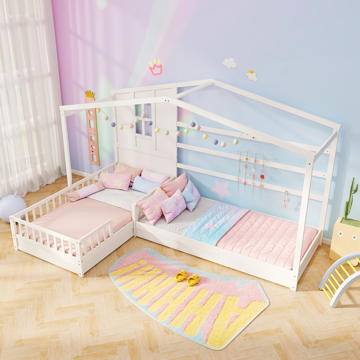 L-shaped Double Twin Beds House Platform Beds with Fences Corner Bed Frame-White