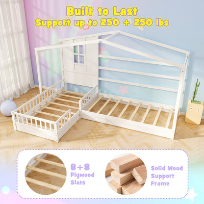 L-shaped Double Twin Beds House Platform Beds with Fences Corner Bed Frame-White