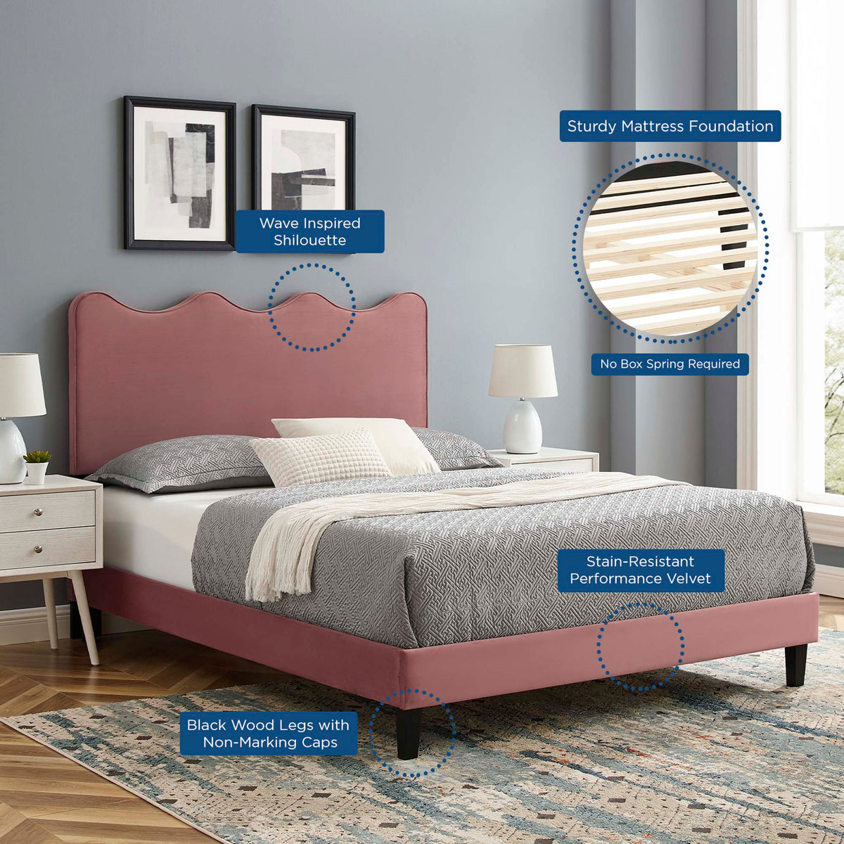 Current Performance Velvet Queen Platform Bed by Modway - Dusty Rose / Light Gray / Pink / White