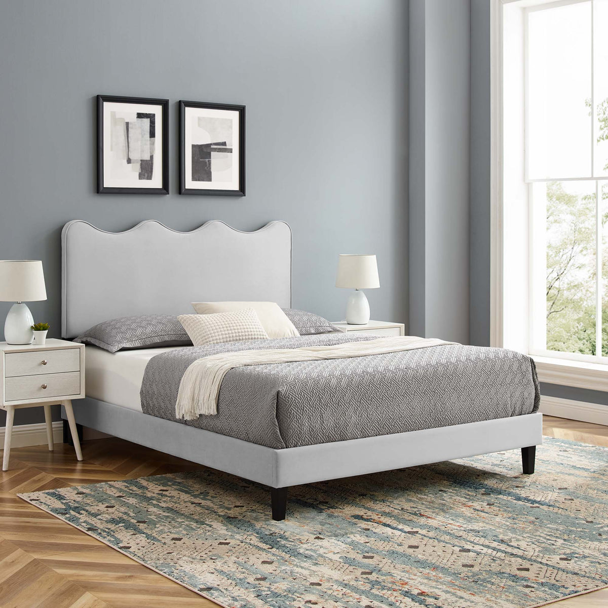 Current Performance Velvet Queen Platform Bed by Modway - Dusty Rose / Light Gray / Pink / White
