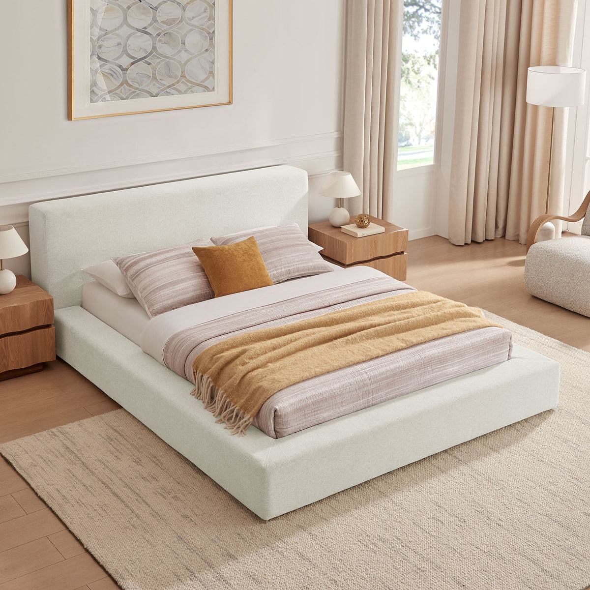 Luma Chenille Upholstered Queen Platform Bed Frame by Modway - Ivory Fabric / Light Gray Fabric