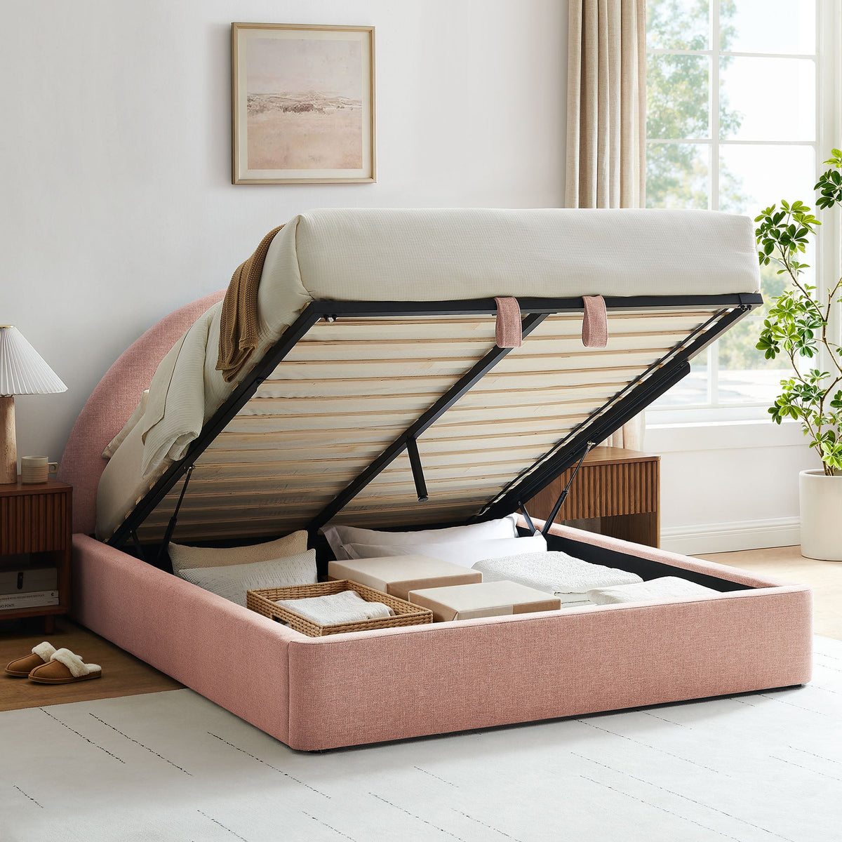 Resort King Arched Upholstered Fabric Storage Platform Bed Frame by Modway
