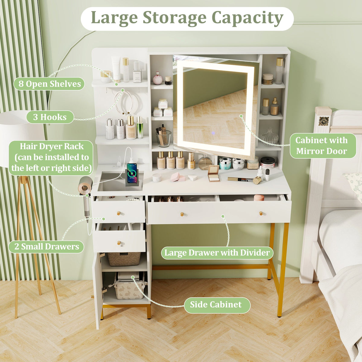 Makeup Dressing Table and Stool set with 3 Lighting Modes and Cabinet-White