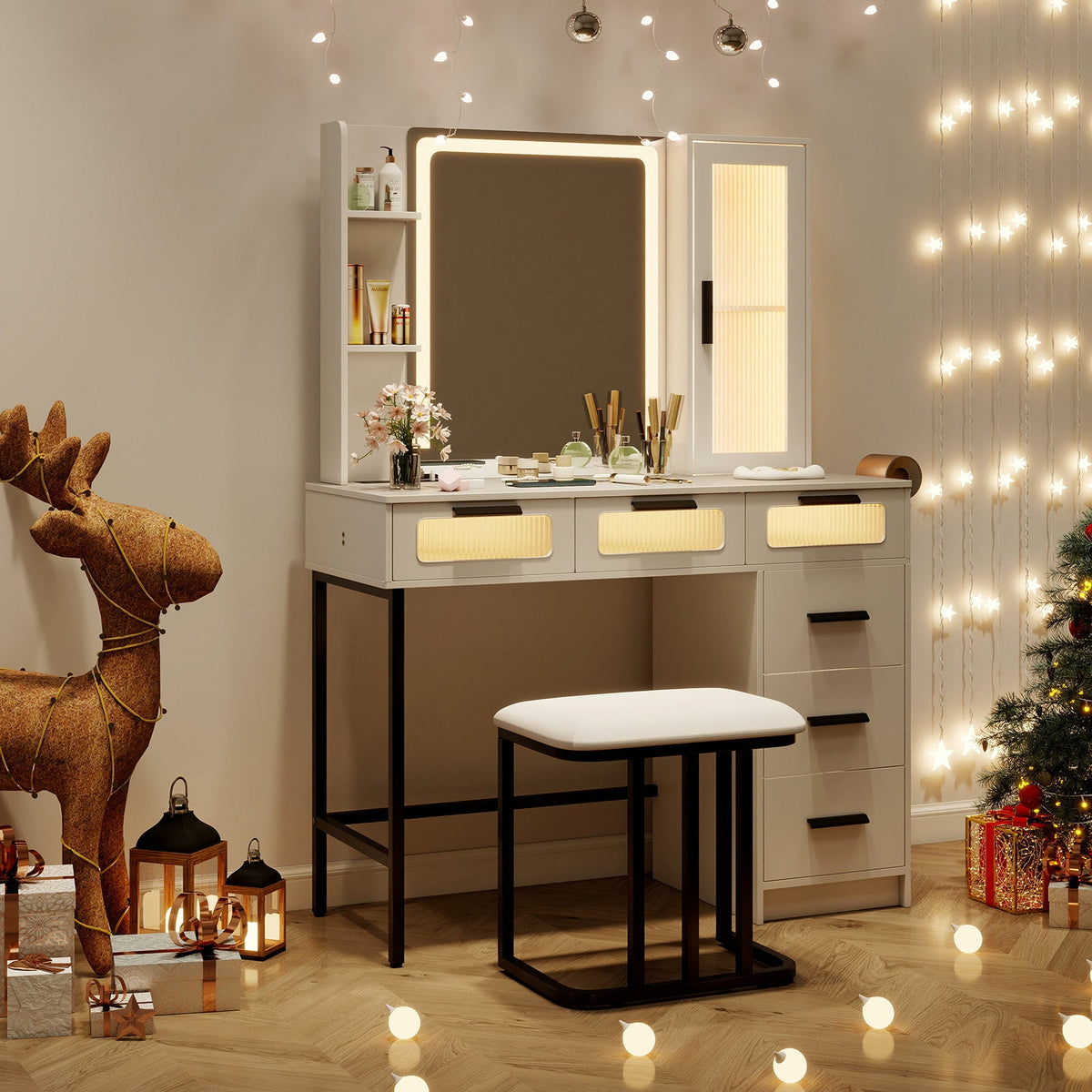 Makeup Vanity Desk with 3-Color Induction LED Lights and 6 Drawers-White