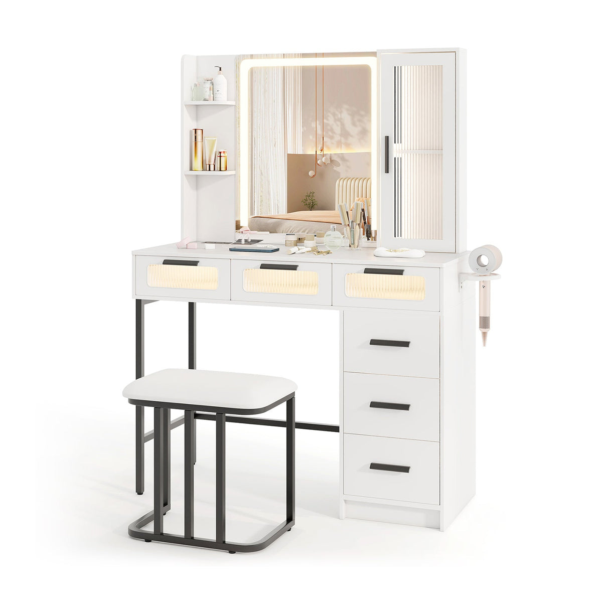 Makeup Vanity Desk with 3-Color Induction LED Lights and 6 Drawers-White