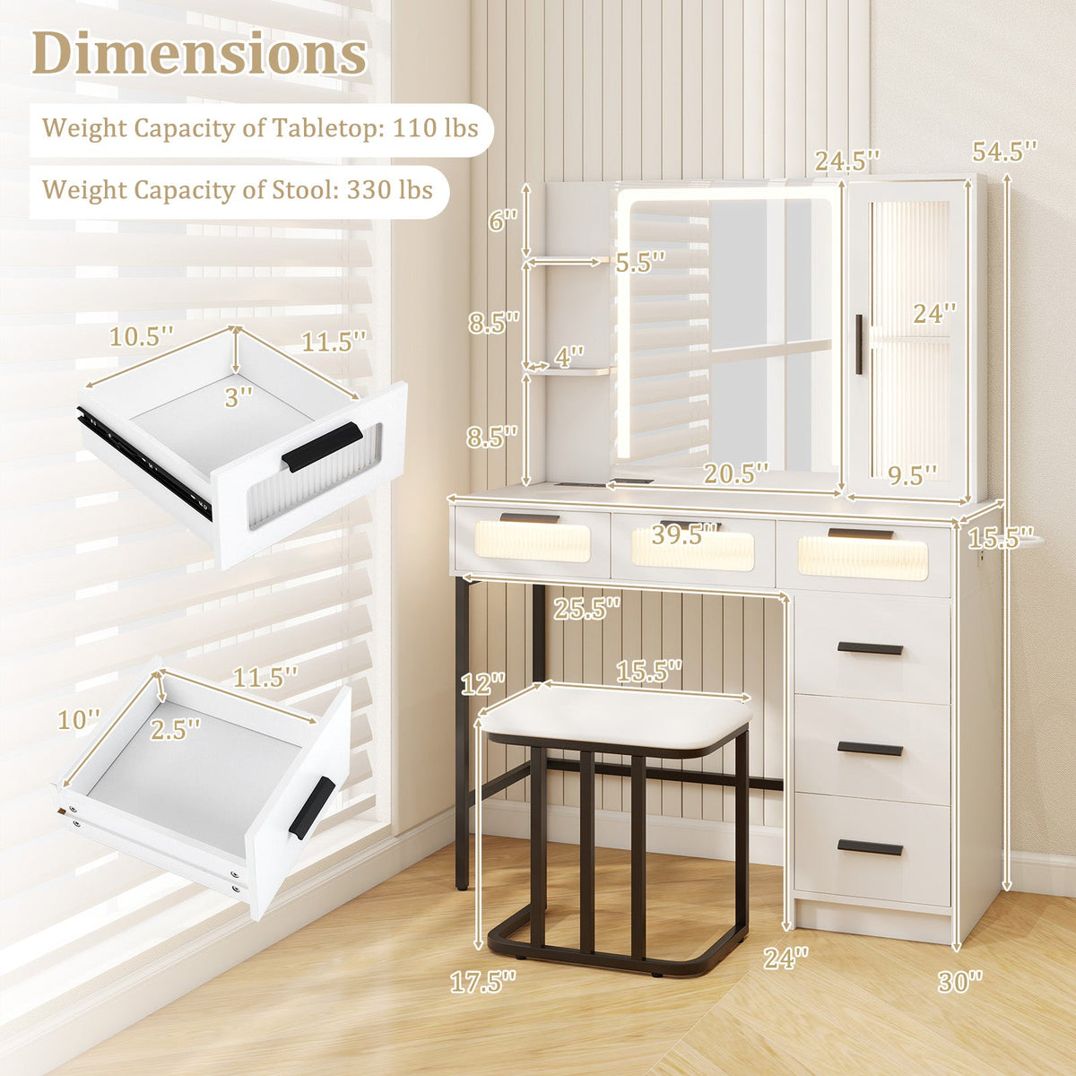 Makeup Vanity Desk with 3-Color Induction LED Lights and 6 Drawers-White