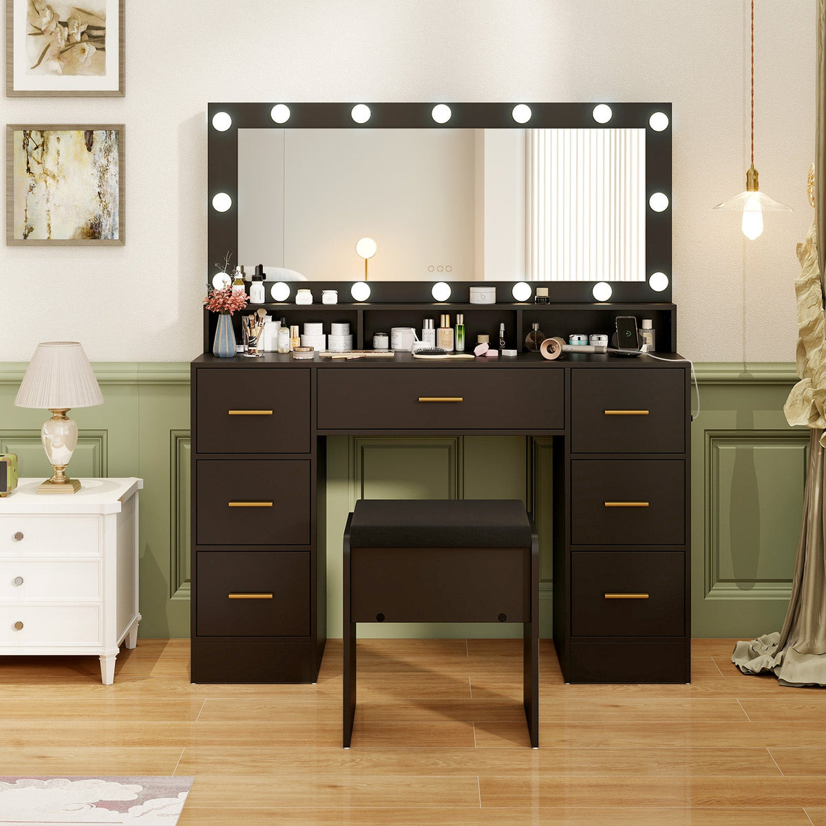 Makeup Vanity Desk with Mirror 3-Color LED Lights and Charging Station