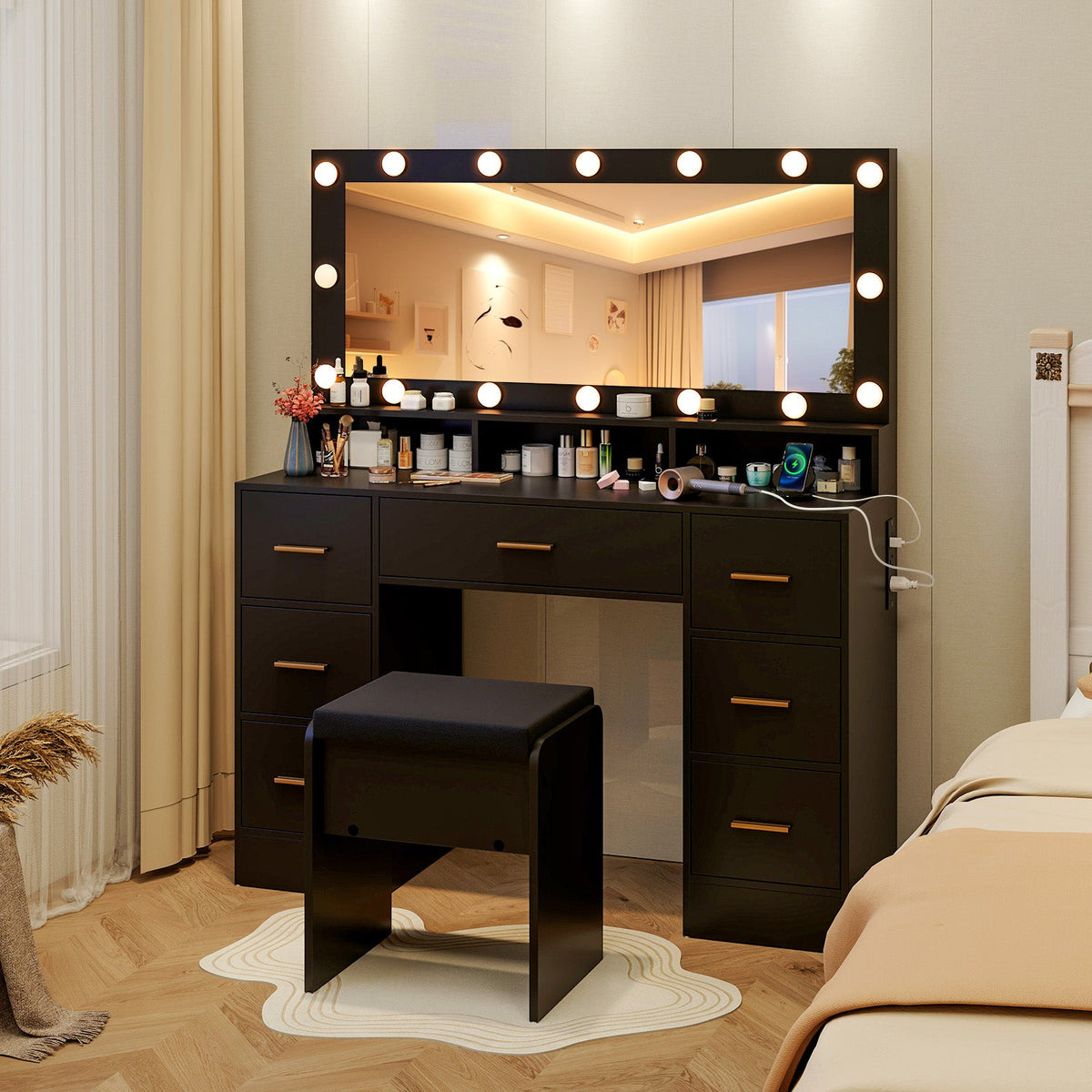 Makeup Vanity Desk with Mirror 3-Color LED Lights and Charging Station