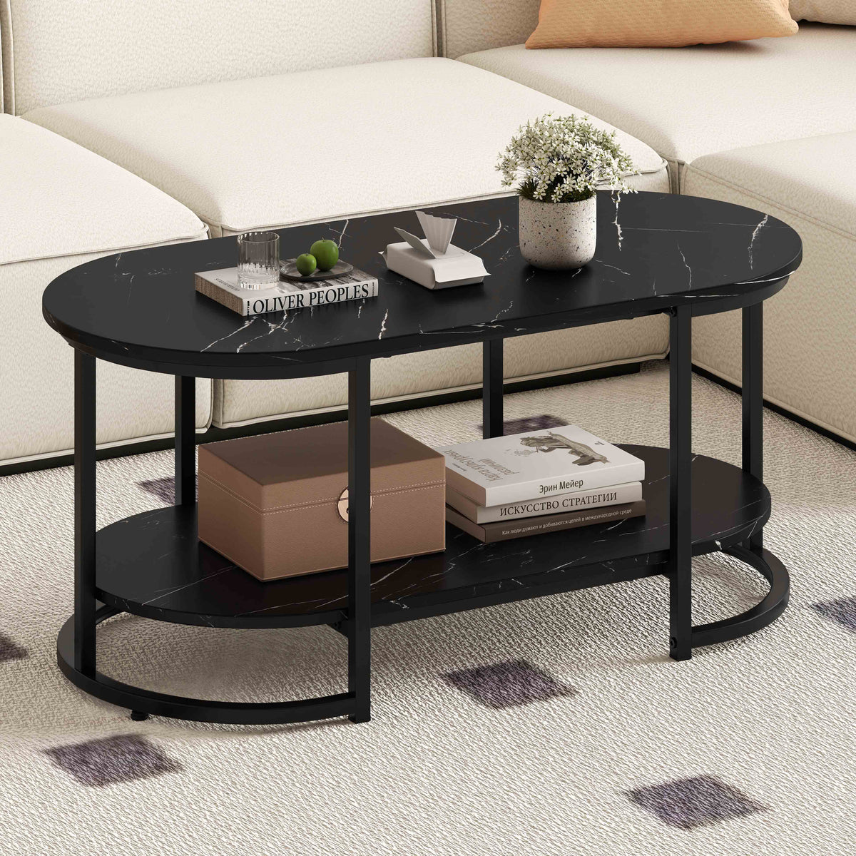Marble Coffee Table with Open Storage Shelf