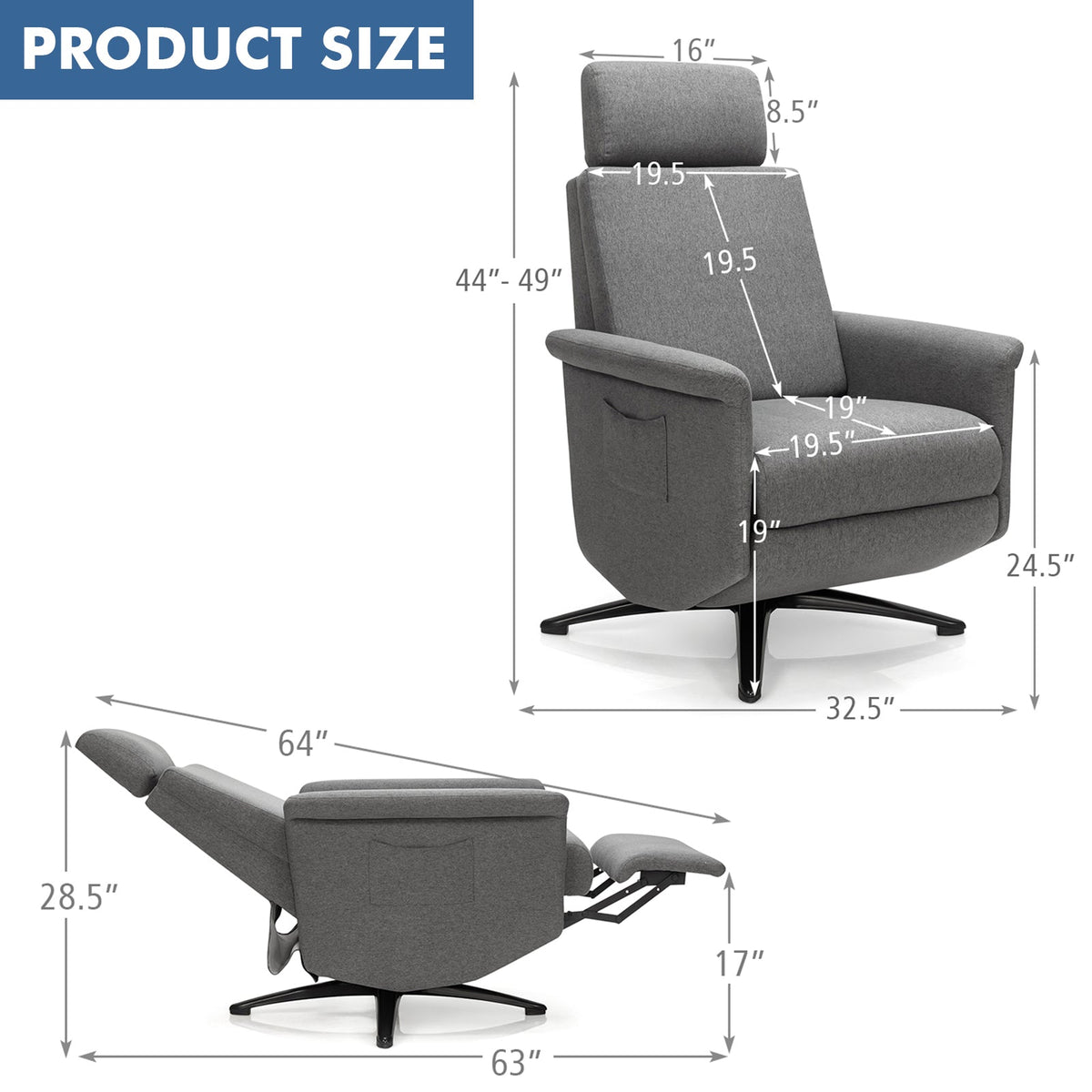 Swivel Massage Recliner Single Sofa with Adjustable Headrest-Gray