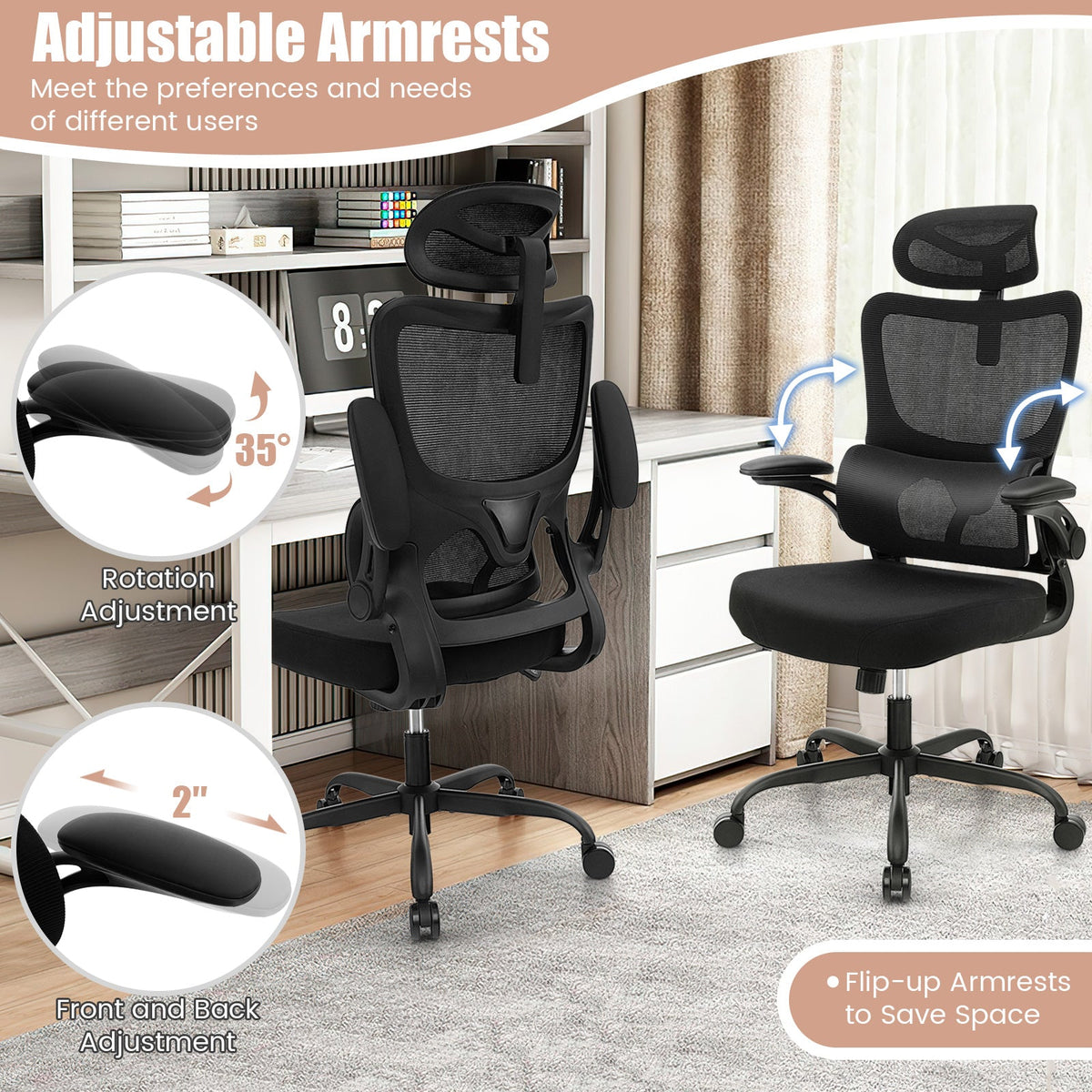 Mesh Office Chair with Adaptive Lumbar Support Flip-up Armrests Reclining Backrest-Black