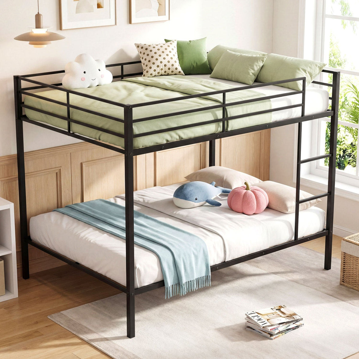 Metal Bunk Bed Full Over Full with Length Safety Guardrail-Black