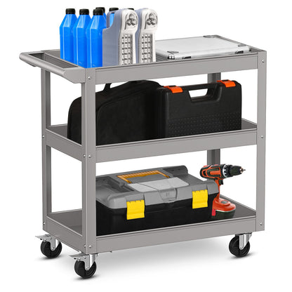 3-Tier Metal Utility Cart Trolley Tool with Flat Handle and 2 Lockable Universal Wheels
