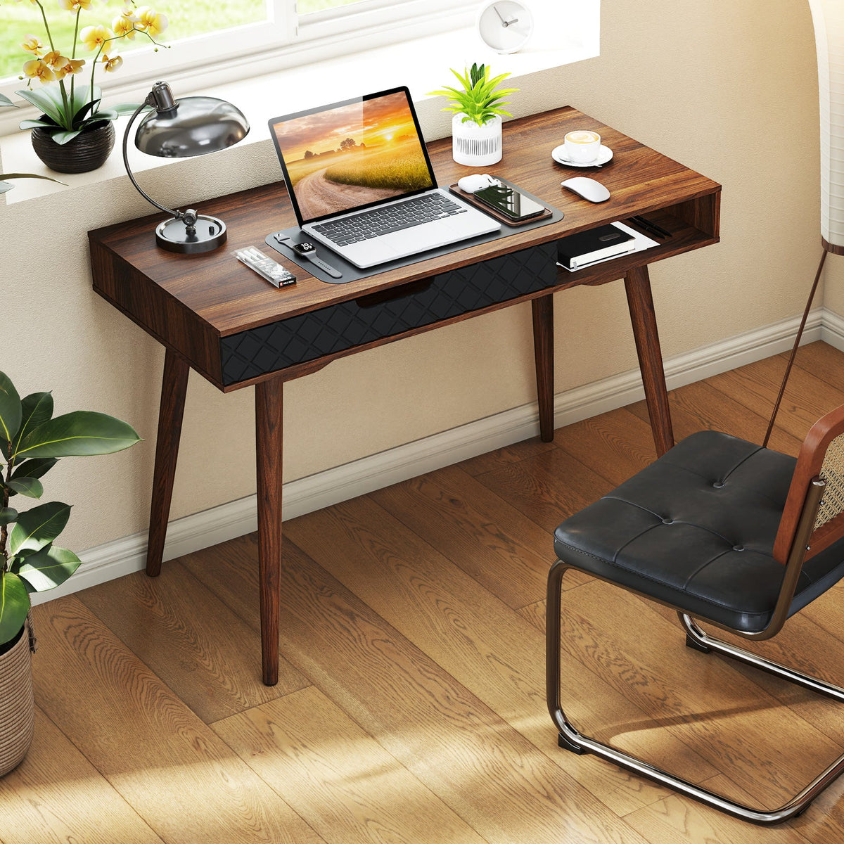 Mid-Century Modern Computer Desk with Drawer and Open Compartment-Brown