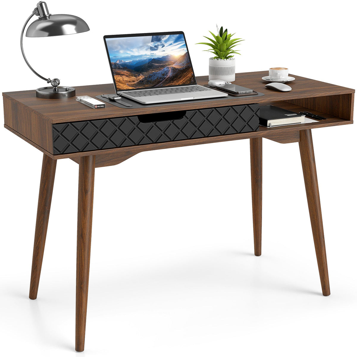 Mid-Century Modern Computer Desk with Drawer and Open Compartment-Brown