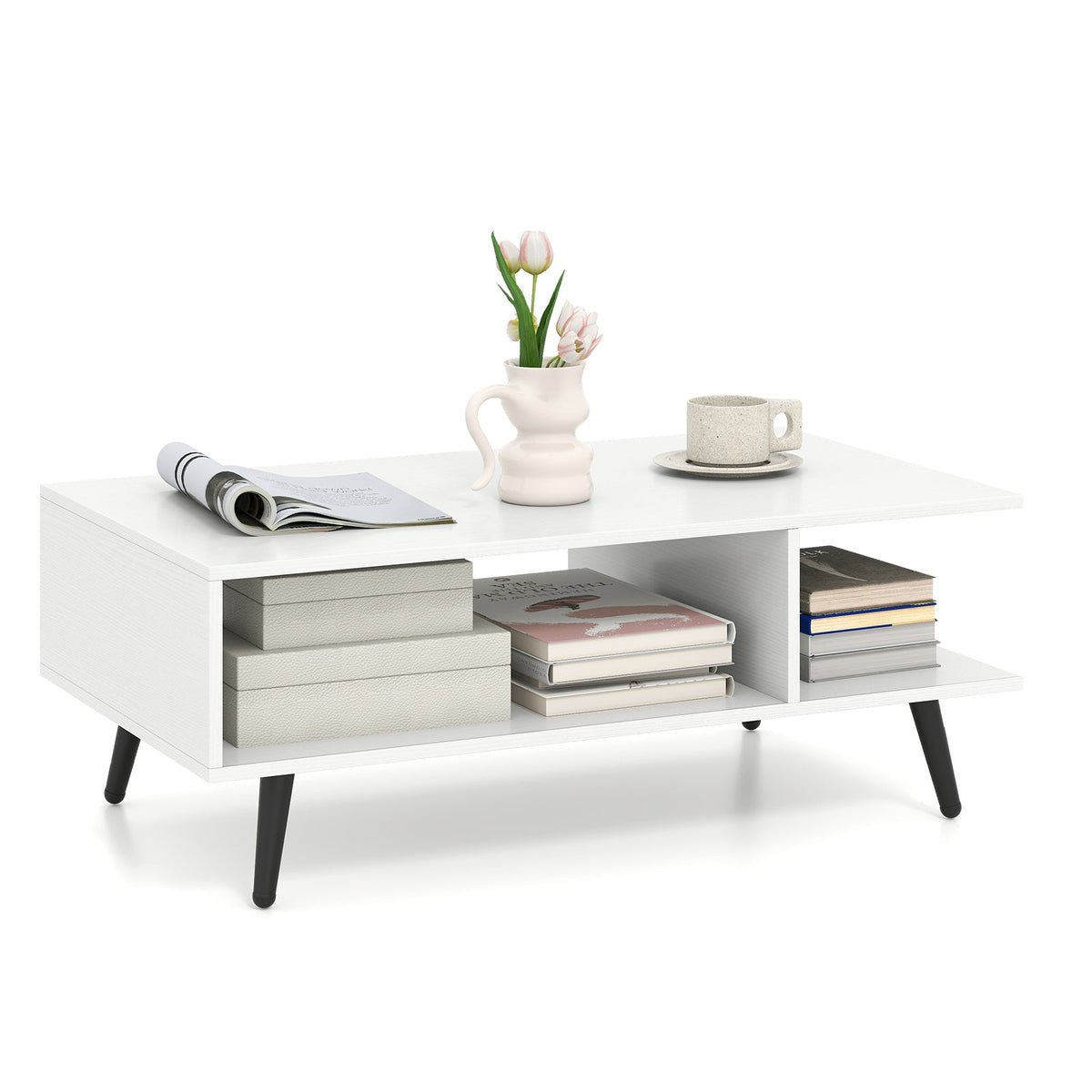 Mid Century Modern Rectangle Coffee Table 2-Tier Accent Table with 2 Open Compartments