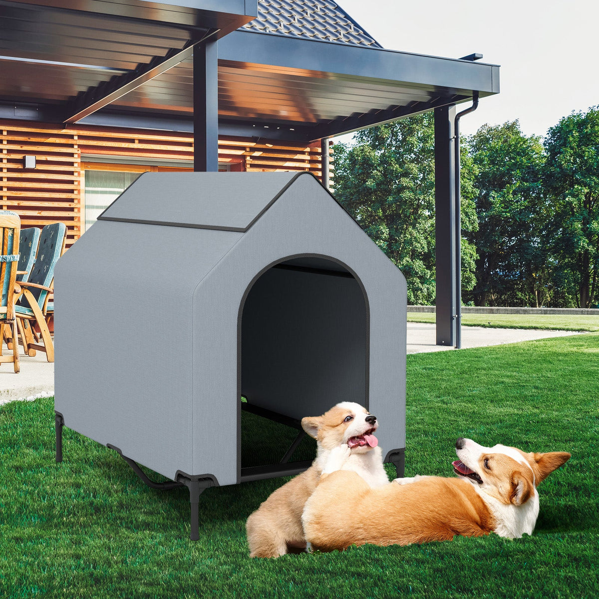 Large/Middle/Small Outdoor Elevated Pet House with Ventilated Windows-M