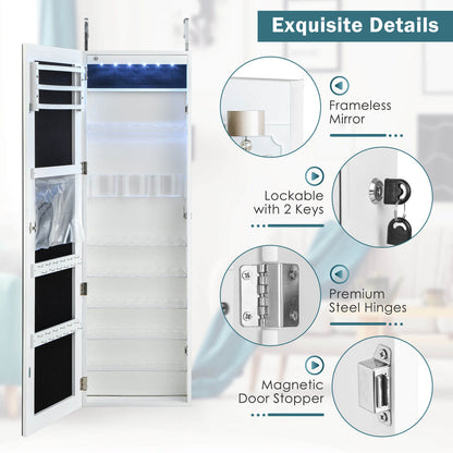 Wall Door Mounted Jewelry Armoire with Frameless LED Mirror