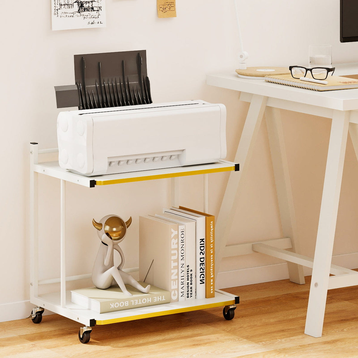 Mobile Side Table 2-Tier Rolling End Table with Open Shelves & Golden Trimmed Edges-White