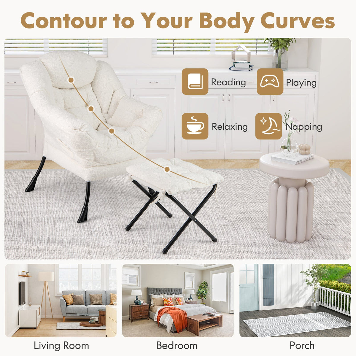 Modern Accent Chair with Folding Footrest and Head Pillow
