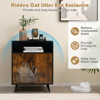 Industrial Cat Litter Box Enclosure with Entry and Open Compartment-Rustic Brown