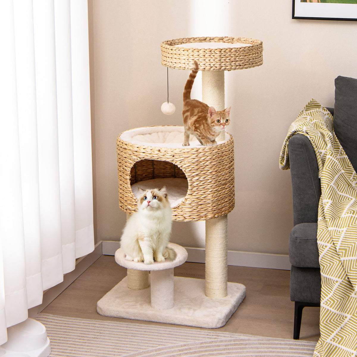 Modern Cat Tower Cat Tree with Top Perch Cattail Fluff Condo-Natural