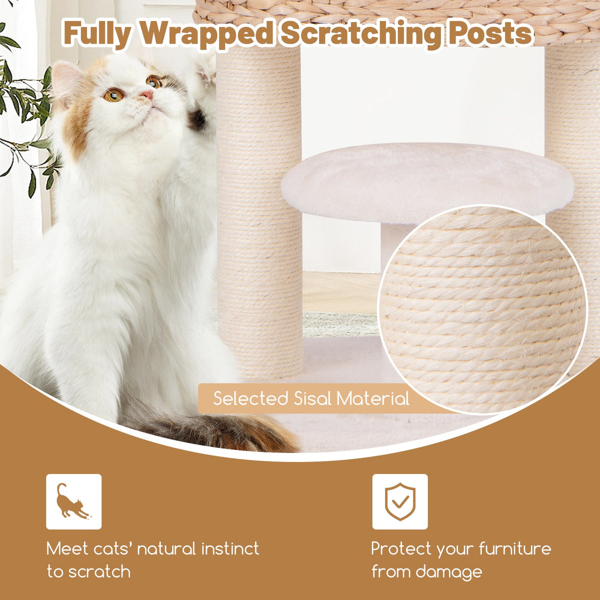 Modern Cat Tower Cat Tree with Top Perch Cattail Fluff Condo-Natural