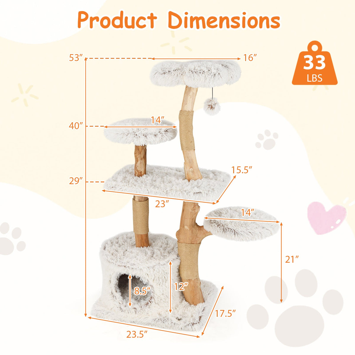 Modern Cat Tree 53 Inch Tall Natural Branch Wooden Cat Tower with Jute Scratching Posts-White