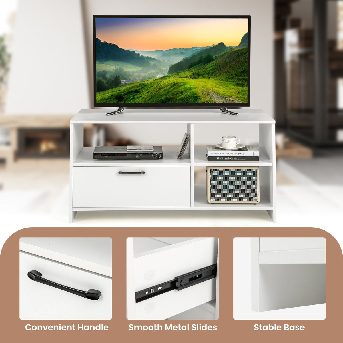 Modern Media Console Table with 3 Open Compartments and 1 Storage Drawer-White