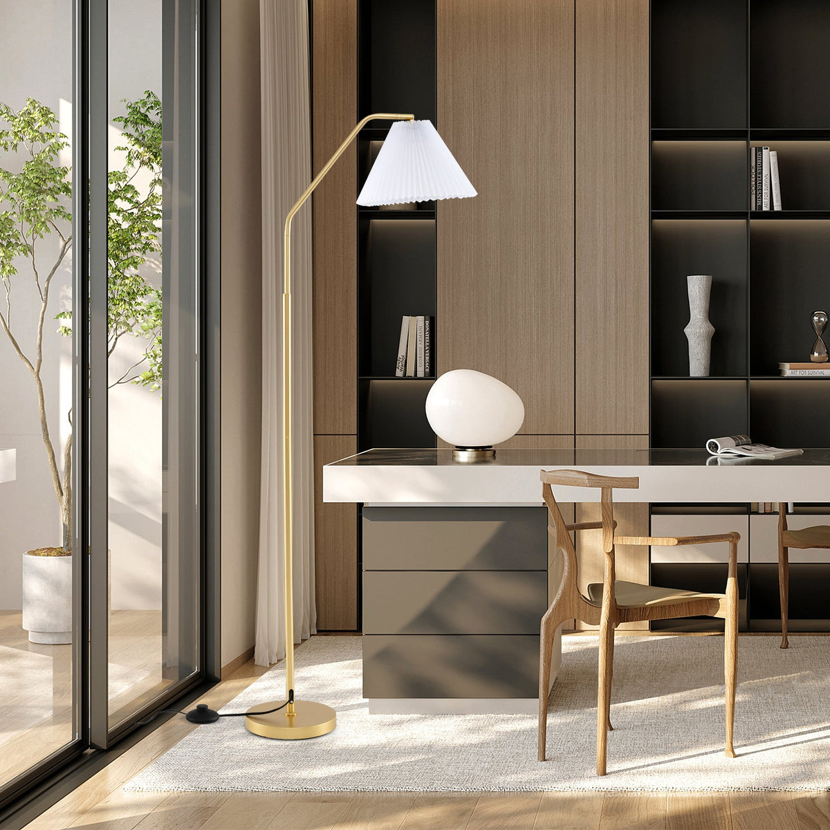 Modern Standing Lamp with Adjustable Lamp Head and Pleated Lampshade